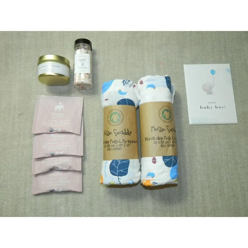 Global Organic Muslin Blanket‎ Cotton Candle Tea New Mom Gift Box